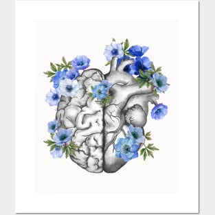 Right balance between head or brain and heart, Half heart and brain, blue anemones flowers anemoneus Posters and Art